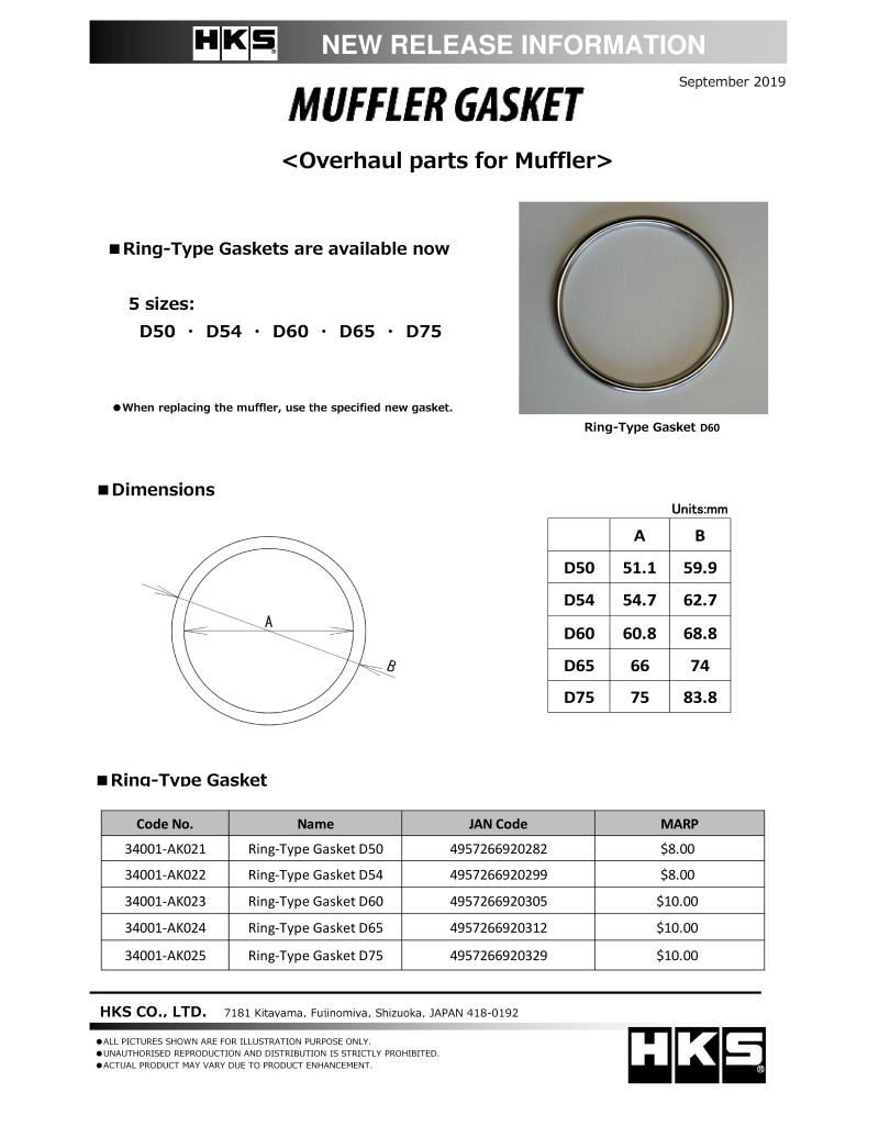 HKS Muffler Gasket 66mm ID 74mm OD 34001-AK024