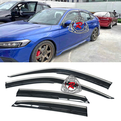 MU Style Window Visors with Stainless Steel Chrome Trims For 2022-2025 Honda Civic (4Dr Sedan/5Dr Hatchback)