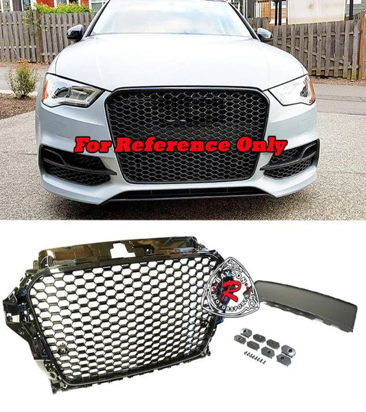 RS3 Style Front Grille w/ Parking Sensor Holders (Gloss Black) For 2014-2016 Audi A3/S3 (8V)