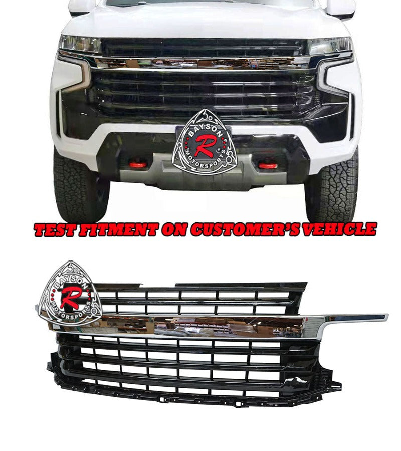 Badgeless Front Grille (Gloss Black with Mid Bar Chrome) For 2021-2022 Chevrolet Tahoe & Suburban