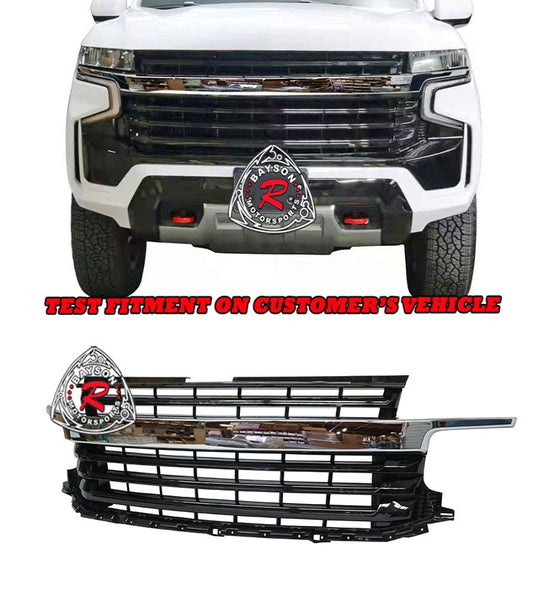 Badgeless Front Grille (Gloss Black with Mid Bar Chrome) For 2021-2022 Chevrolet Tahoe & Suburban