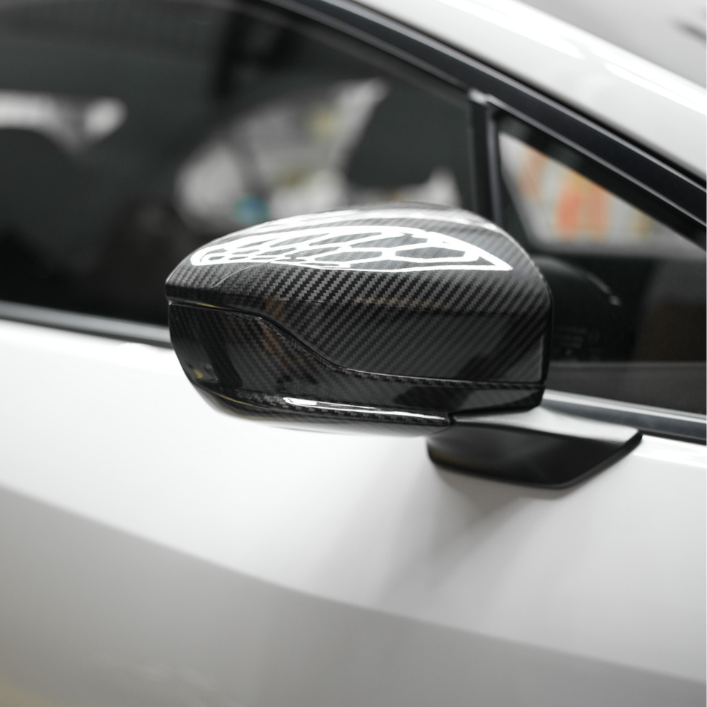 JDMuscle [22-25 WRX w/o Turn Signal] Tanso Dry Carbon Fiber Side Mirror Lower Trim Covers w/ Gloss Finish