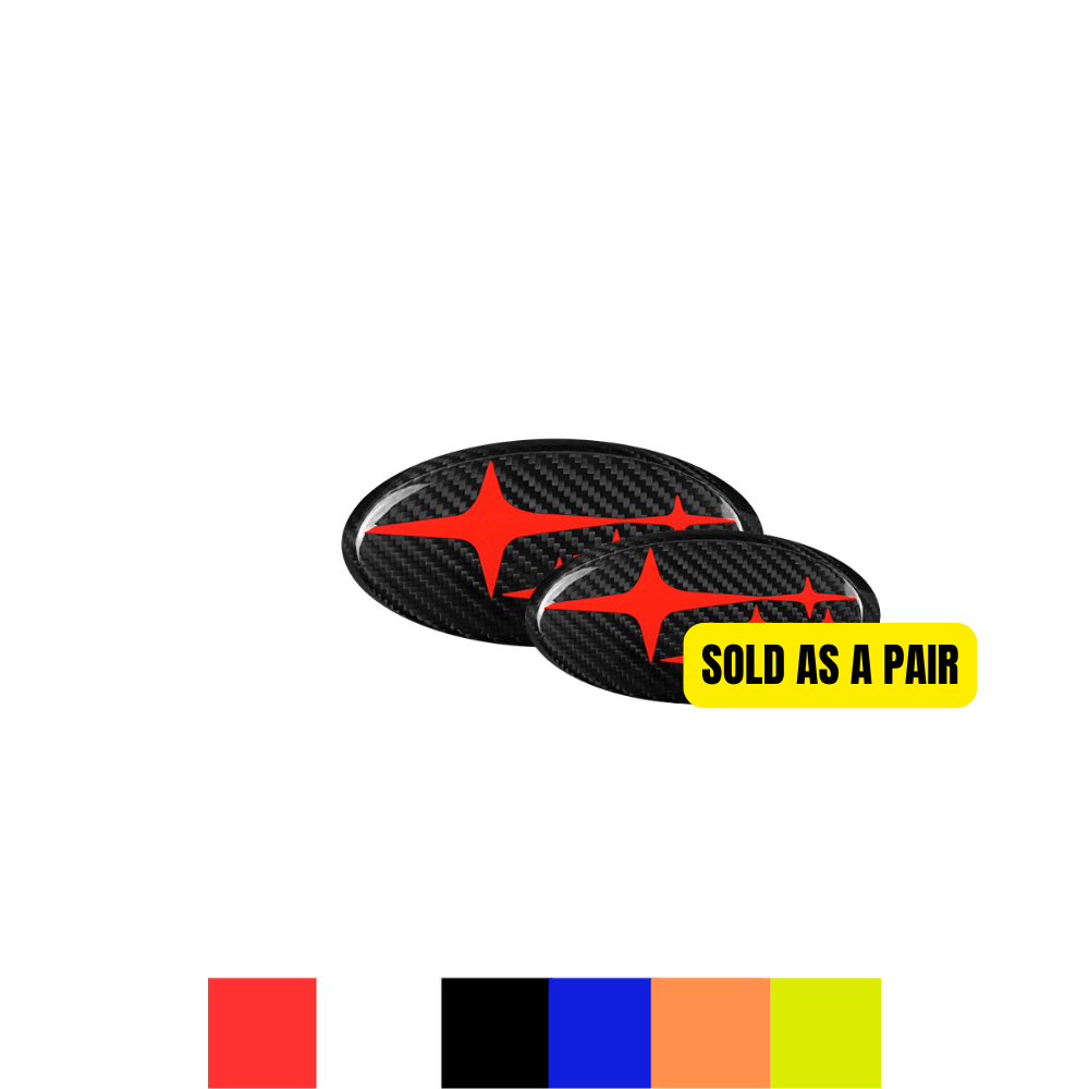 JDMuscle Tanso Carbon Fiber Subaru Emblem Covers Front & Back, Red/White/Blue [22-25 WRX, 15-21 WRX/STI, 18-23 Crosstrek, 17-23 Impreza]