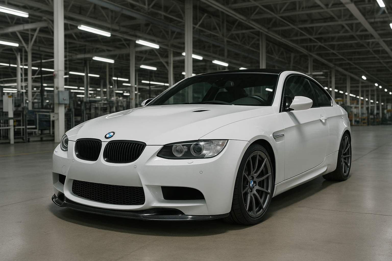White E92 M3 with vorsteiner carbon fiber front lip in factory background